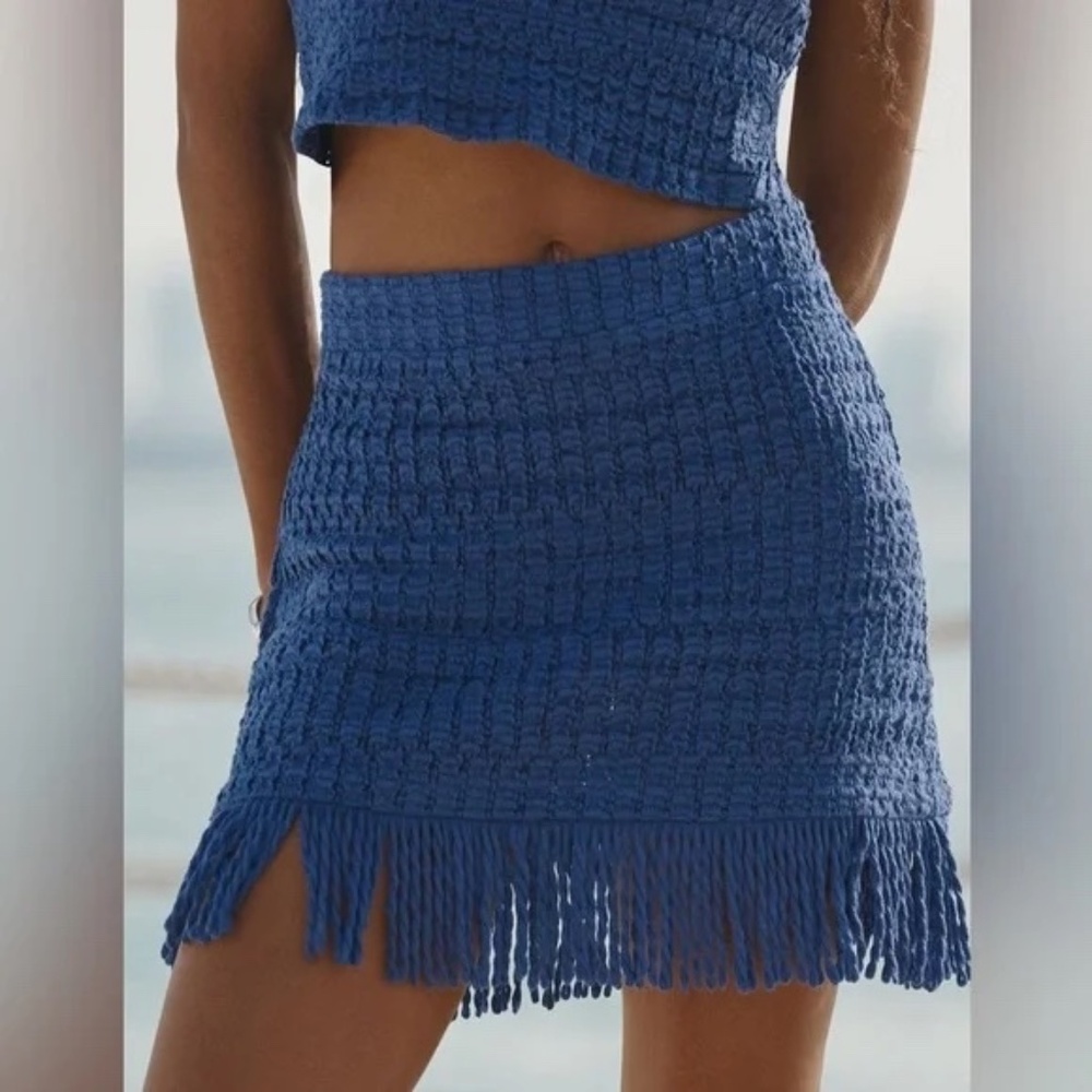 Anthropologie Crochet Blue Fringe Swim Coverup Skirt